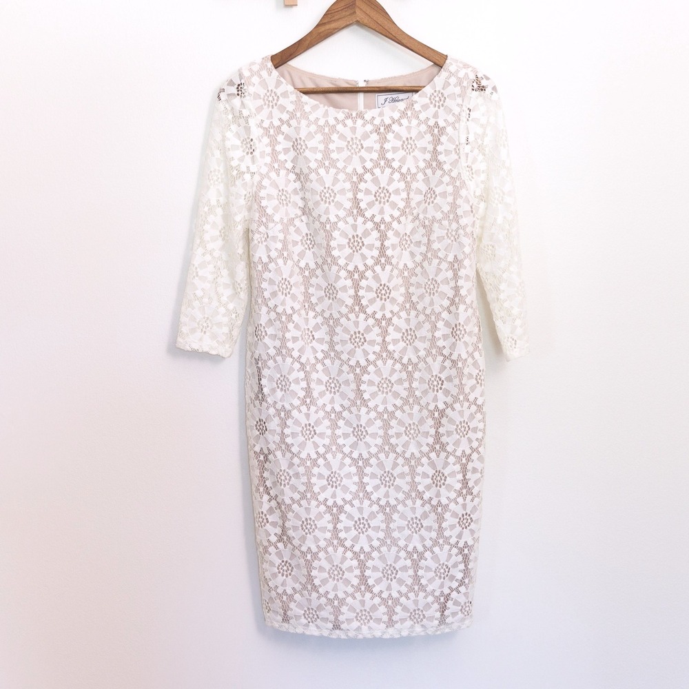 J Howard White Floral Lace Sheath Dress Tan Lining 3/4 Sleeve Size 10